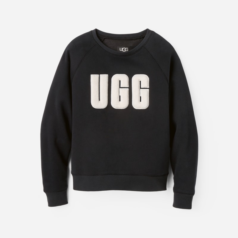 UGG® Women's Madeline Fuzzy Logo Crewneck Cotton Blend/Recycled Materials Hoodies & Sweatshirts in Black/Cream, Size S